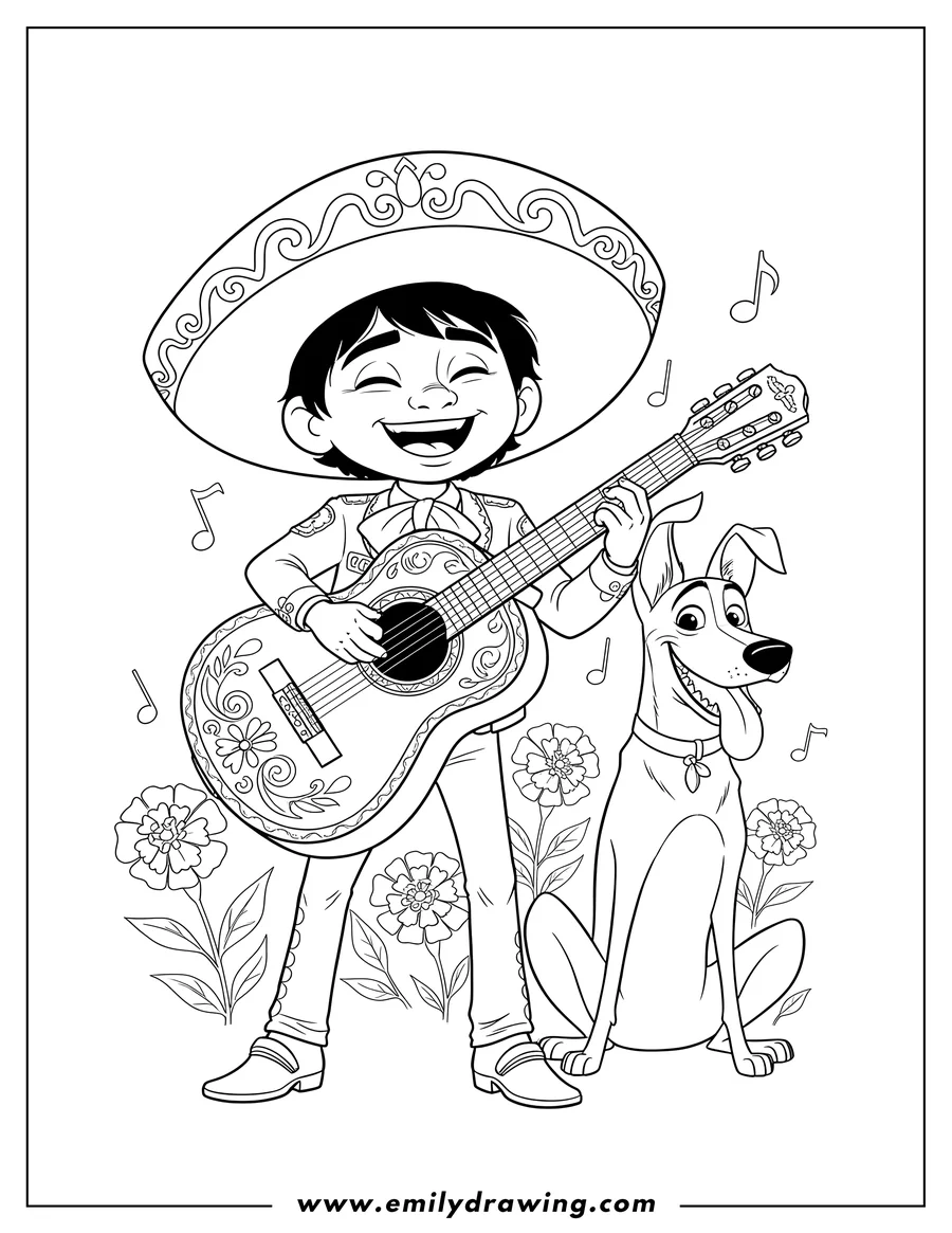 Simple sketch of miguel from Coco playing guitar with his dog Dante, smiling to color