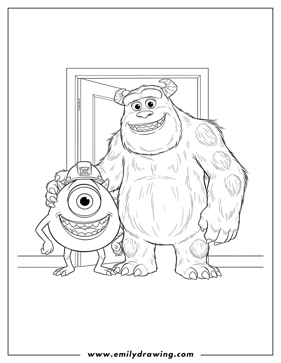 Free printable coloring sheet of monsters Inc. Mike and Sulley smiling together