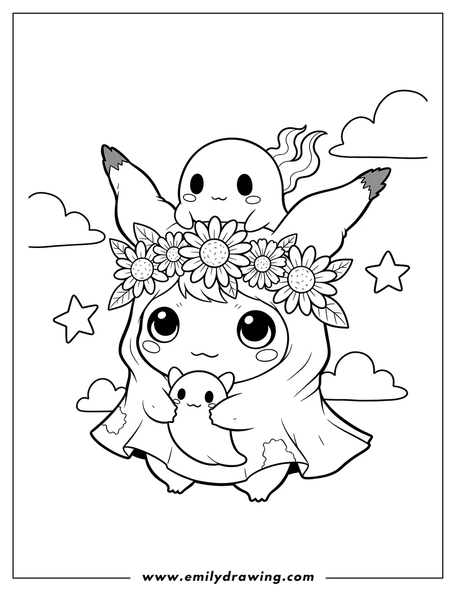 Free to print drawing of kawaii Mimikyu With Flower Crown carrying a small ghost clinging to its head
