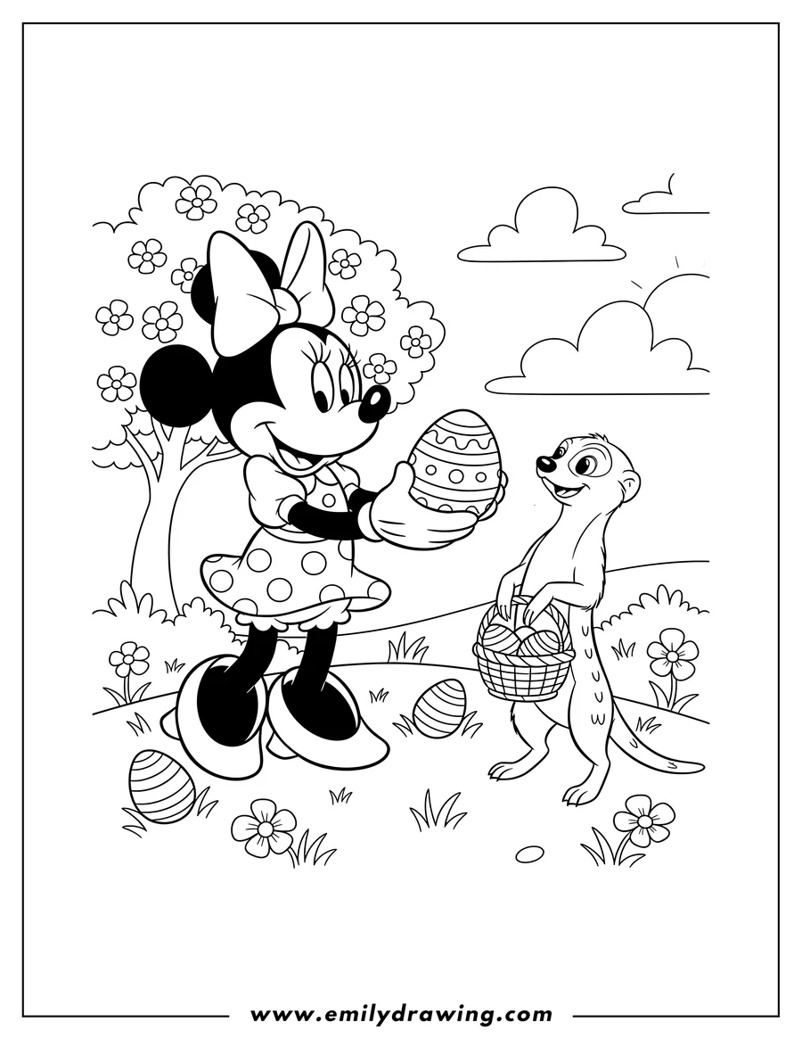 Coloring page for kids: minnie Mouse giving an Easter egg to a meerkat, carrying an Easter basket