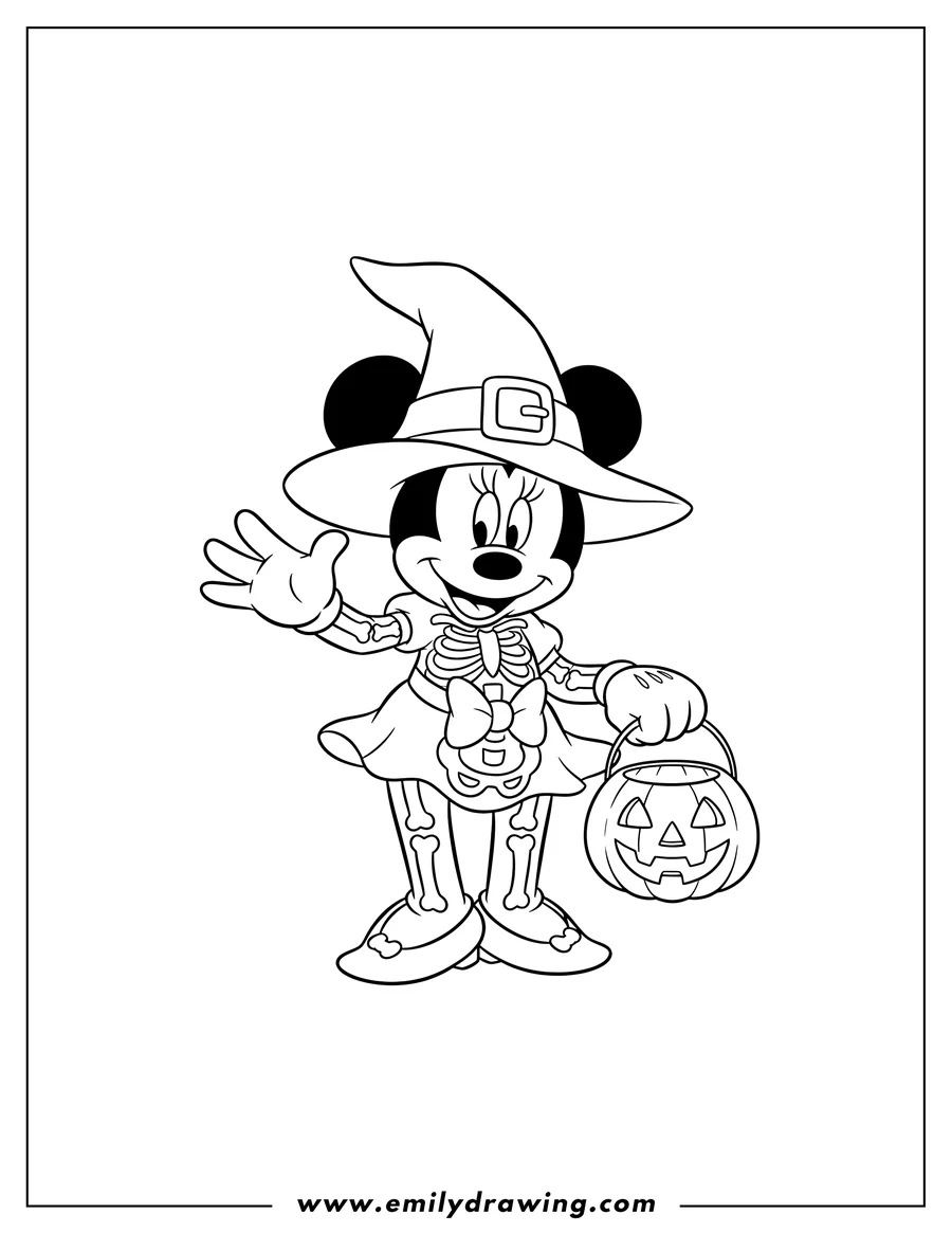 PDF style coloring page: minnie Mouse in a skeleton costume and witch hat, waving and holding a jack-o'-lantern bucket