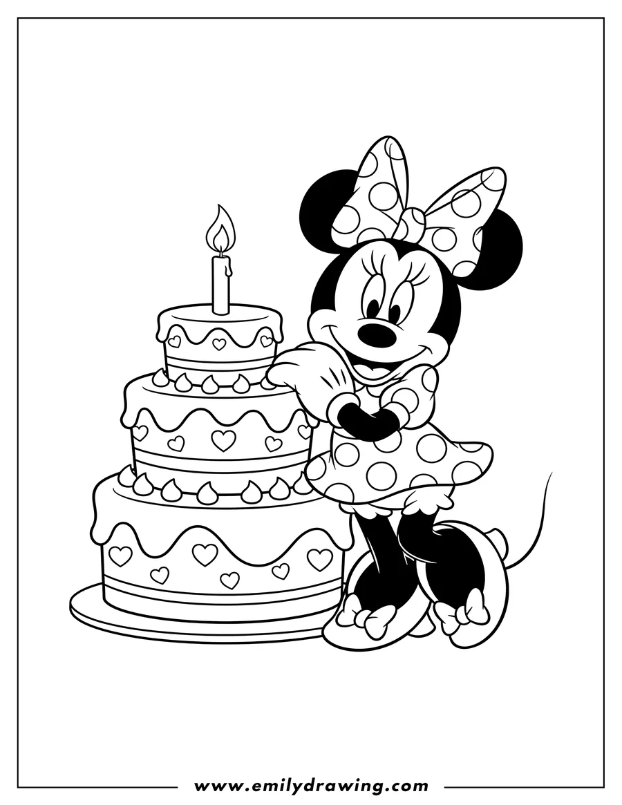 Full page coloring image of minnie Mouse leaning on a birthday cake with a lit candle