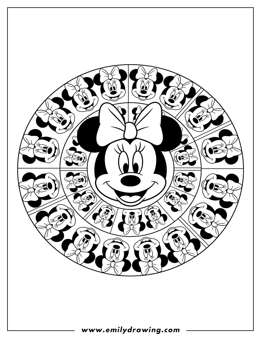 Coloring page for kids: kawaii Minnie Mouse Mandala made of smiling Minnie Mouse heads wearing bows