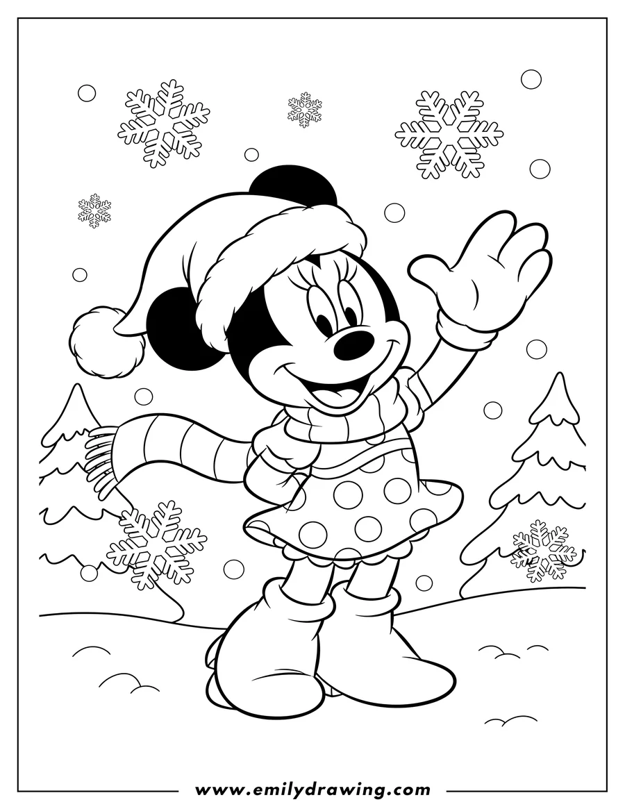 Clean line drawing: minnie Mouse wearing a Santa hat and scarf, smiling and waving, in snow, to color