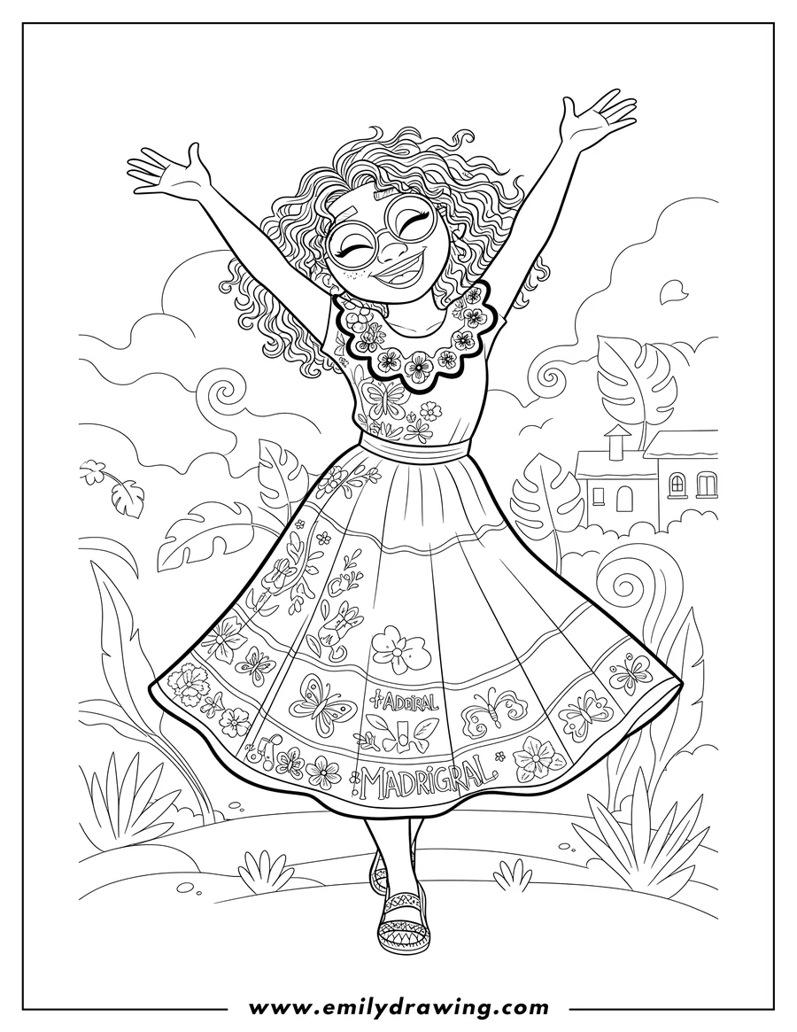 Doodle style coloring picture of mirabel Madrigal Dancing with arms raised and a wide smile