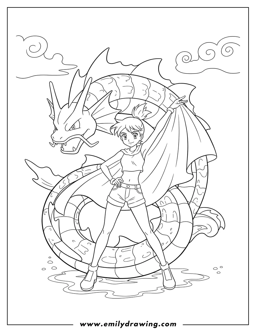 Coloring page of misty gracefully posing with Gyarados