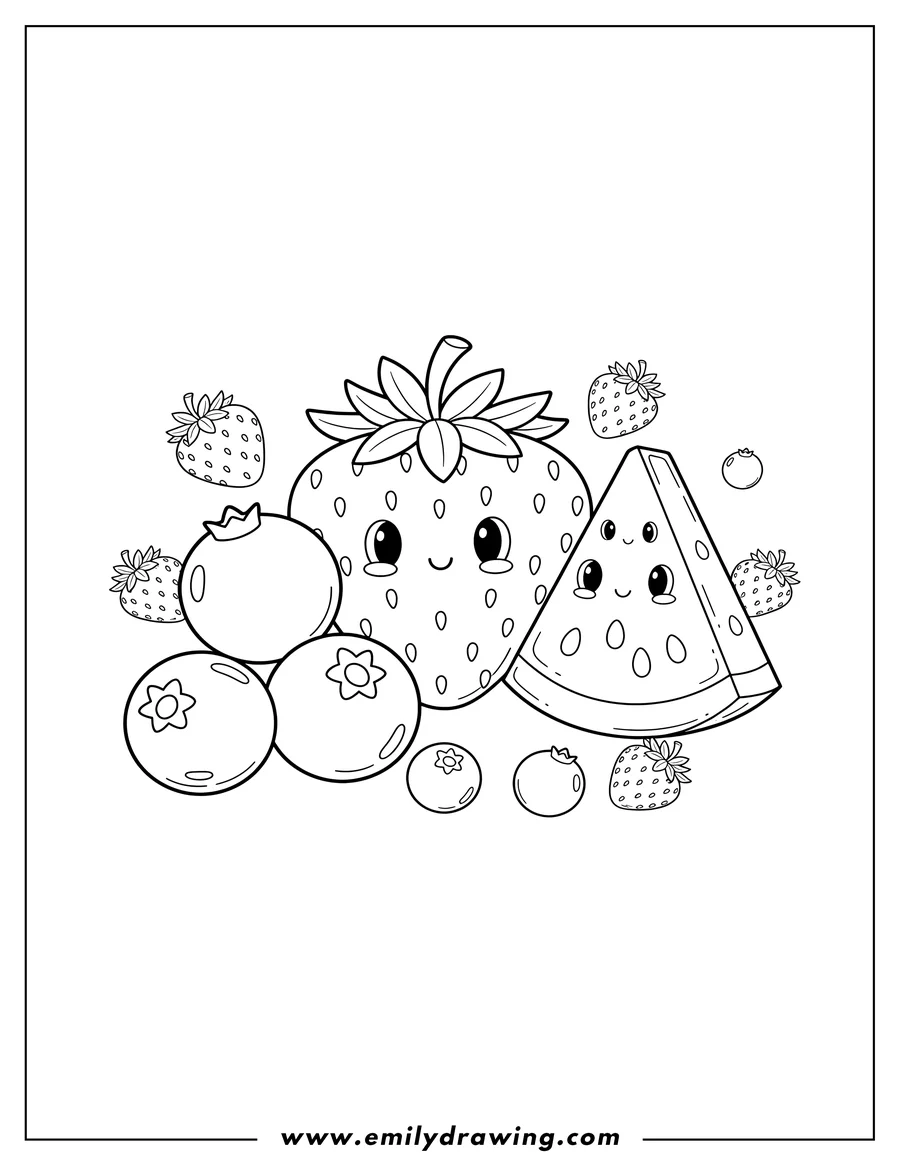 Doodle style coloring picture of mixed Berries Scaled, featuring strawberries, blueberries, and watermelon