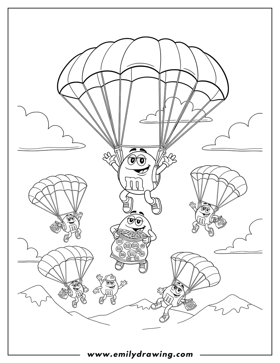 Free to print drawing of M&M's characters skydiving with parachutes and M&M's candy bags