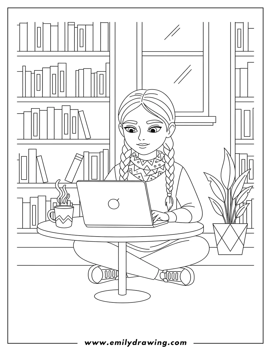 Free printable coloring sheet of A modern Native American girl with braids, wearing a scarf, working on a laptop with a steaming cup, in a library