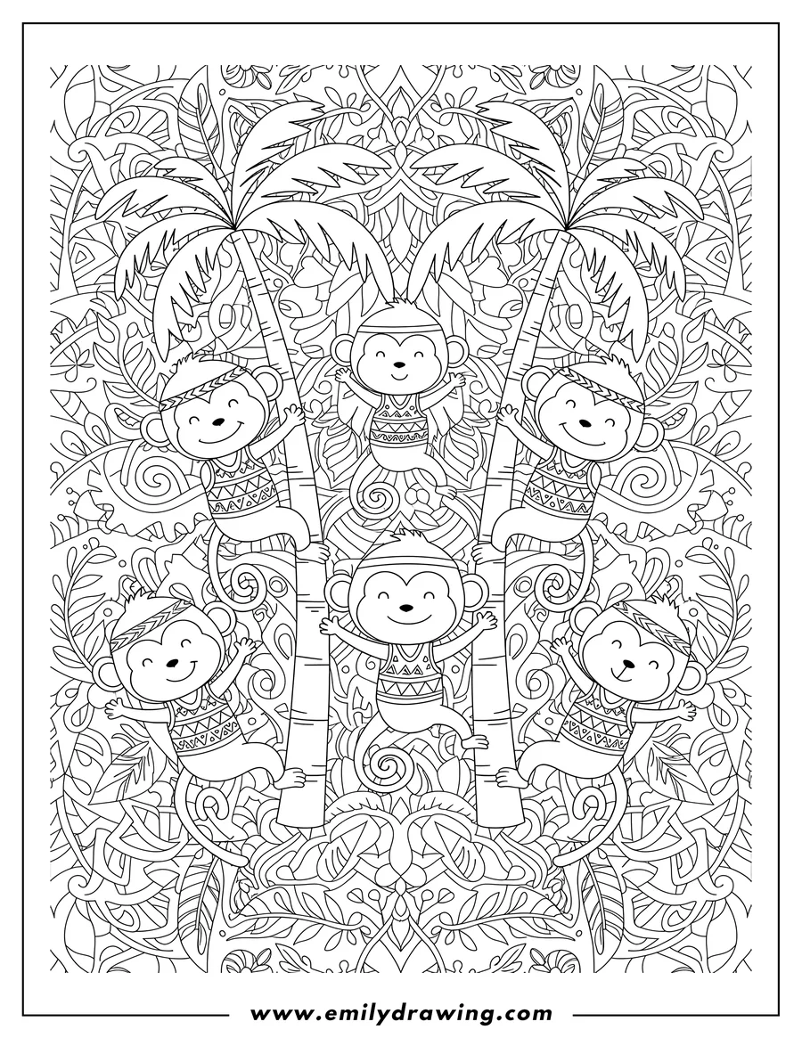 Printable coloring page of monkeys holding onto palm tree trunks in a Boho pattern