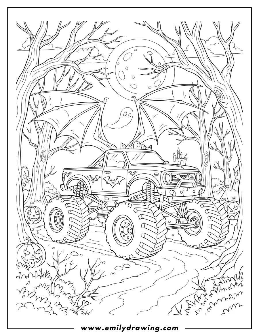 Free to print drawing of monster Truck With Bat Wings and Bat Emblems in a Haunted Forest