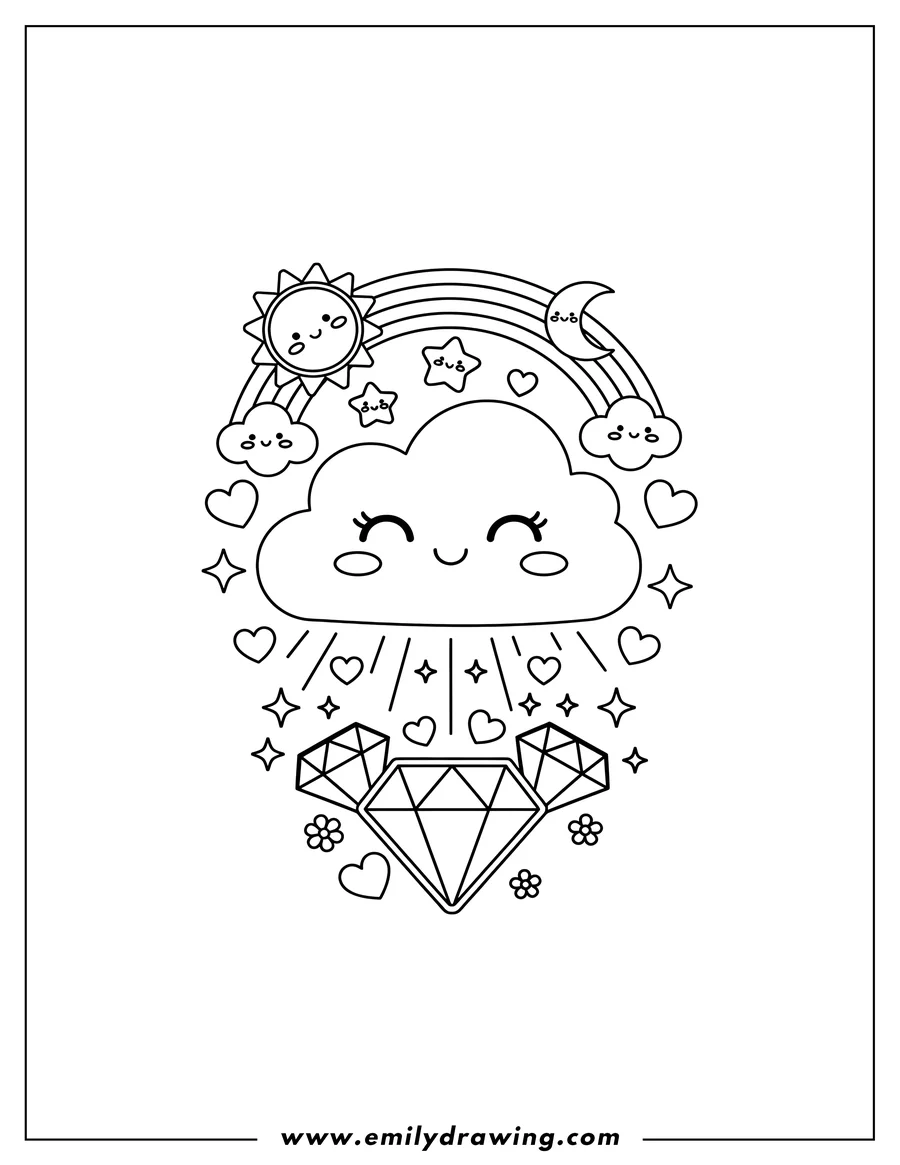 High quality printable kawaii montage of emojis, hearts, rainbows, stars, and diamonds for coloring