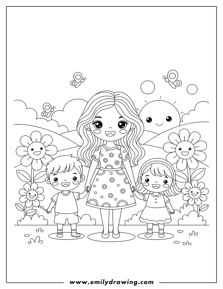 High quality printable kawaii Mother And Child Holding Hands Garden, a smiling boy and girl for coloring