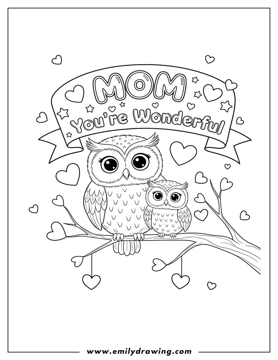Linear illustration of mother's Day coloring page with cute mama and baby owls perched on a branch, surrounded by hearts, and MOM You're Wonderful text