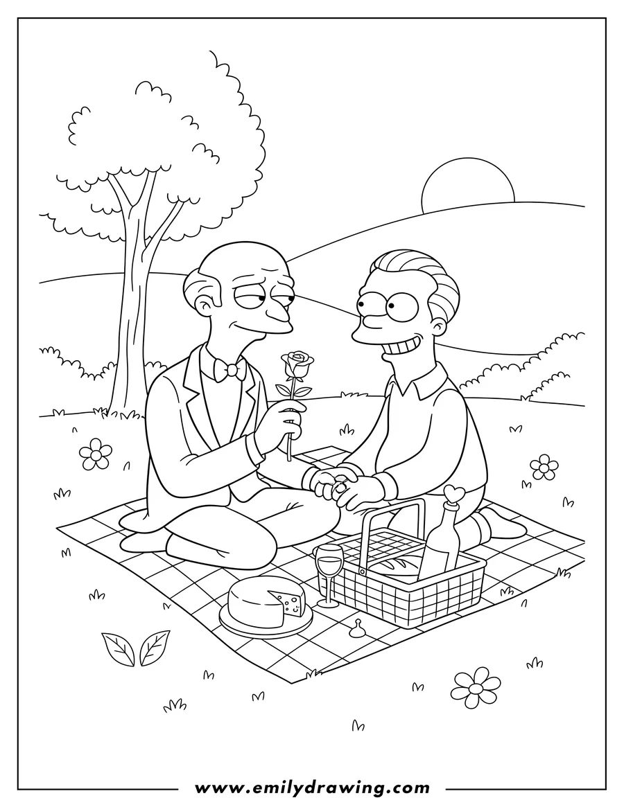 Linear illustration of mr Burns And Mr Smithers Having Romantic Picnic, sitting on a blanket with food and drinks