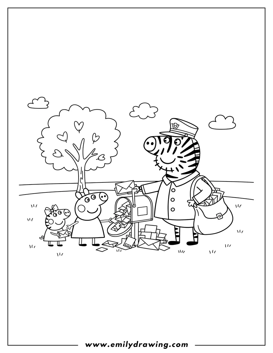 Coloring sheet featuring mr Zebra the postman delivering mail to Peppa Pig and Zoe Zebra next to an overflowing mailbox