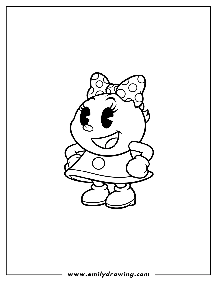 Linear illustration of kawaii Mrs. Pac Man smiling and posing