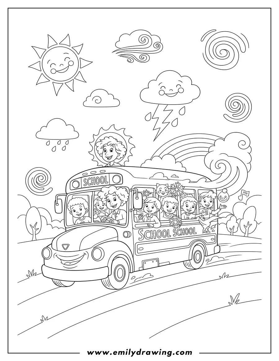 Coloring sheet featuring ms. Frizzle smiling and driving the Magic School Bus with students and weather symbols