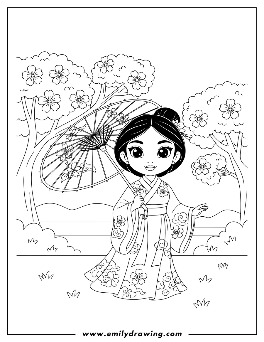 PDF style coloring page: kawaii Mulan holding a parasol in a garden with cherry blossoms