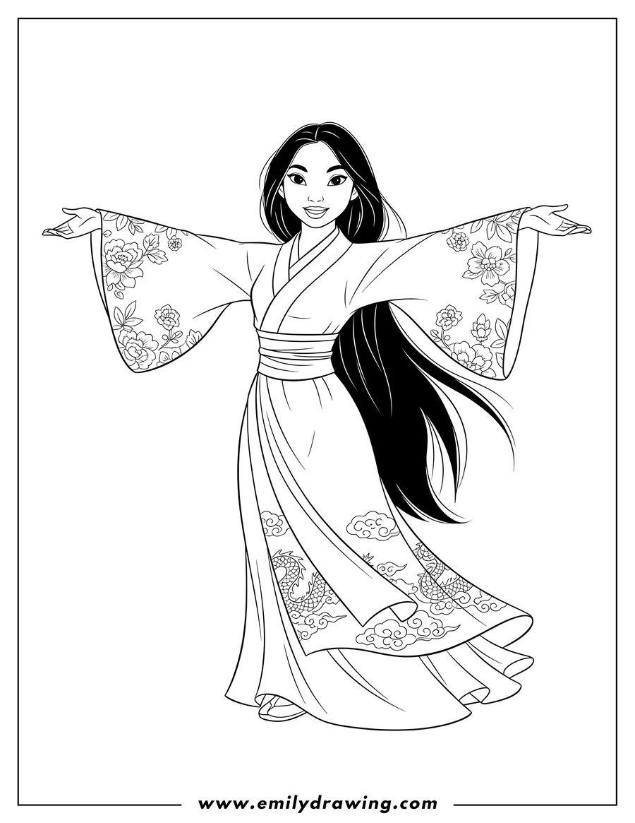 Clean line drawing: mulan wearing traditional dress, smiling with long hair and arms outstretched