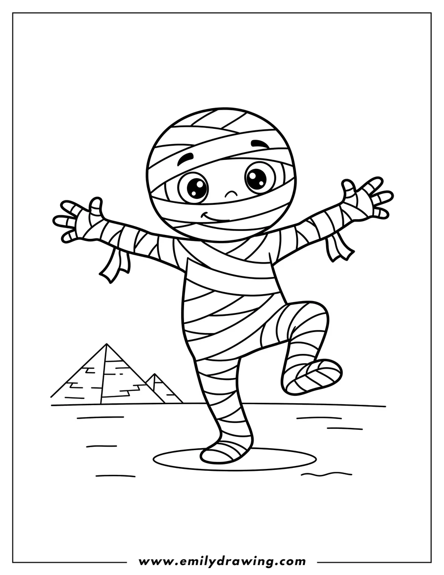 Coloring sheet featuring mummy with arms outstretched and one leg raised