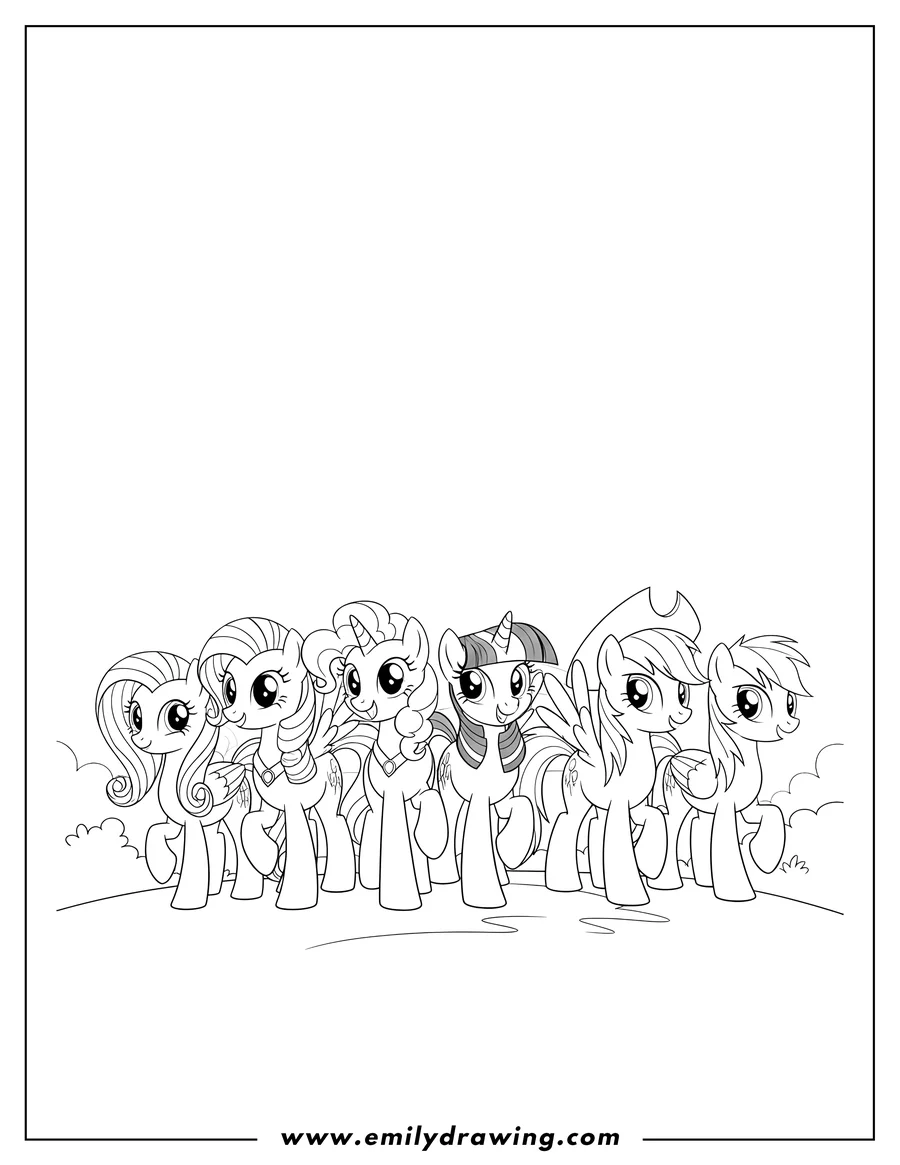 Vector style outline of my Little Pony Tv main characters walking together and smiling