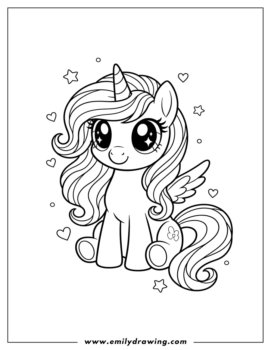 Outline drawing of kawaii My Little Pony Unicorn, sitting, with big sparkly eyes and a curled mane