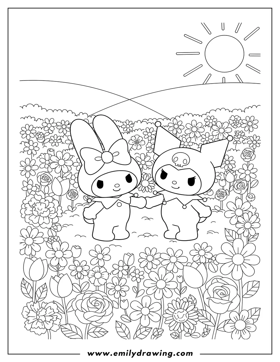Free printable coloring sheet of my Melody and Kuromi facing each other and holding hands in a flower field