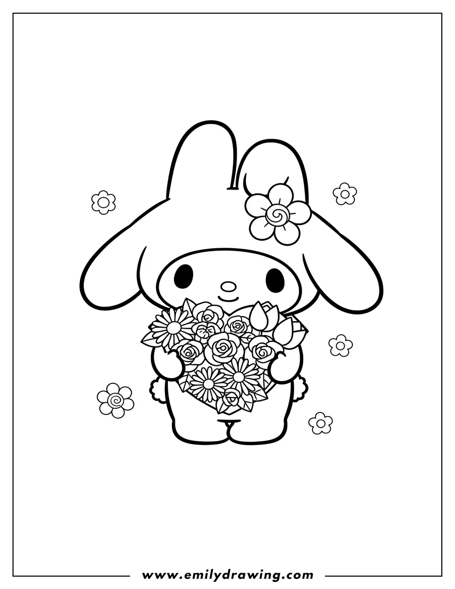 Printable line art of kawaii My Melody holding a bouquet of flowers, with a flower on her hood