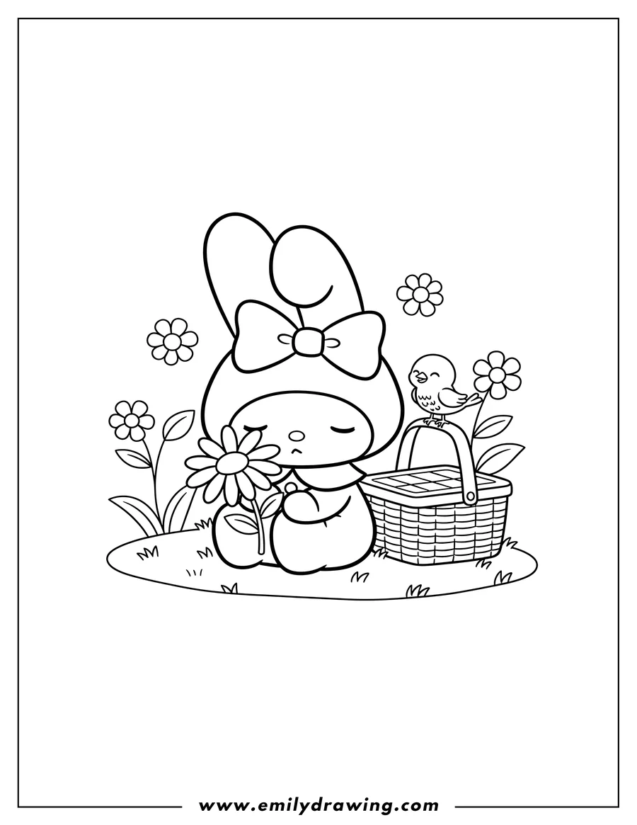 Free to print drawing of my Melody napping in a garden, sitting and holding a flower, with a bird and a basket