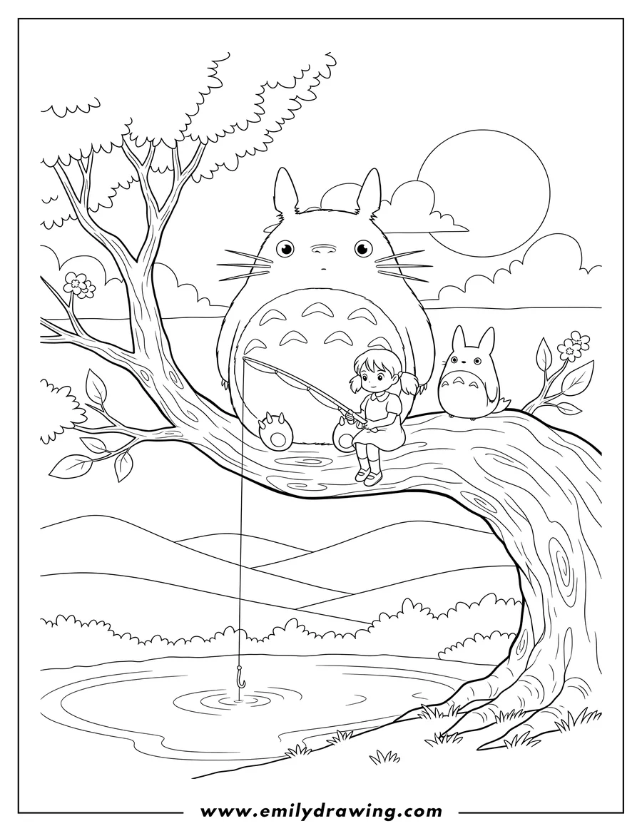 Free to print drawing of my Neighbor Totoro, small Totoro, and a girl fishing from a branch