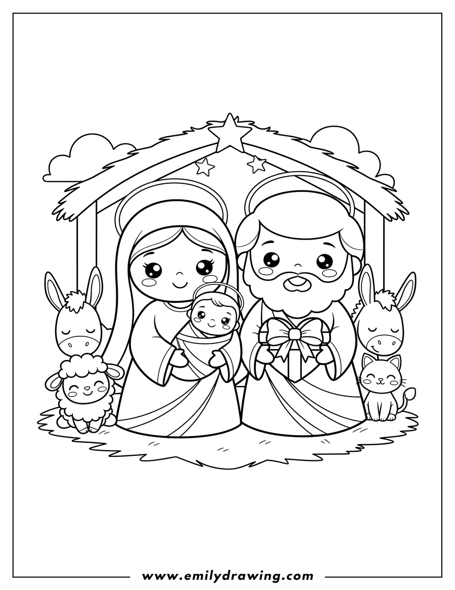 Free printable coloring sheet of kawaii Nativity with Mary holding baby Jesus, Joseph holding a gift, and animals
