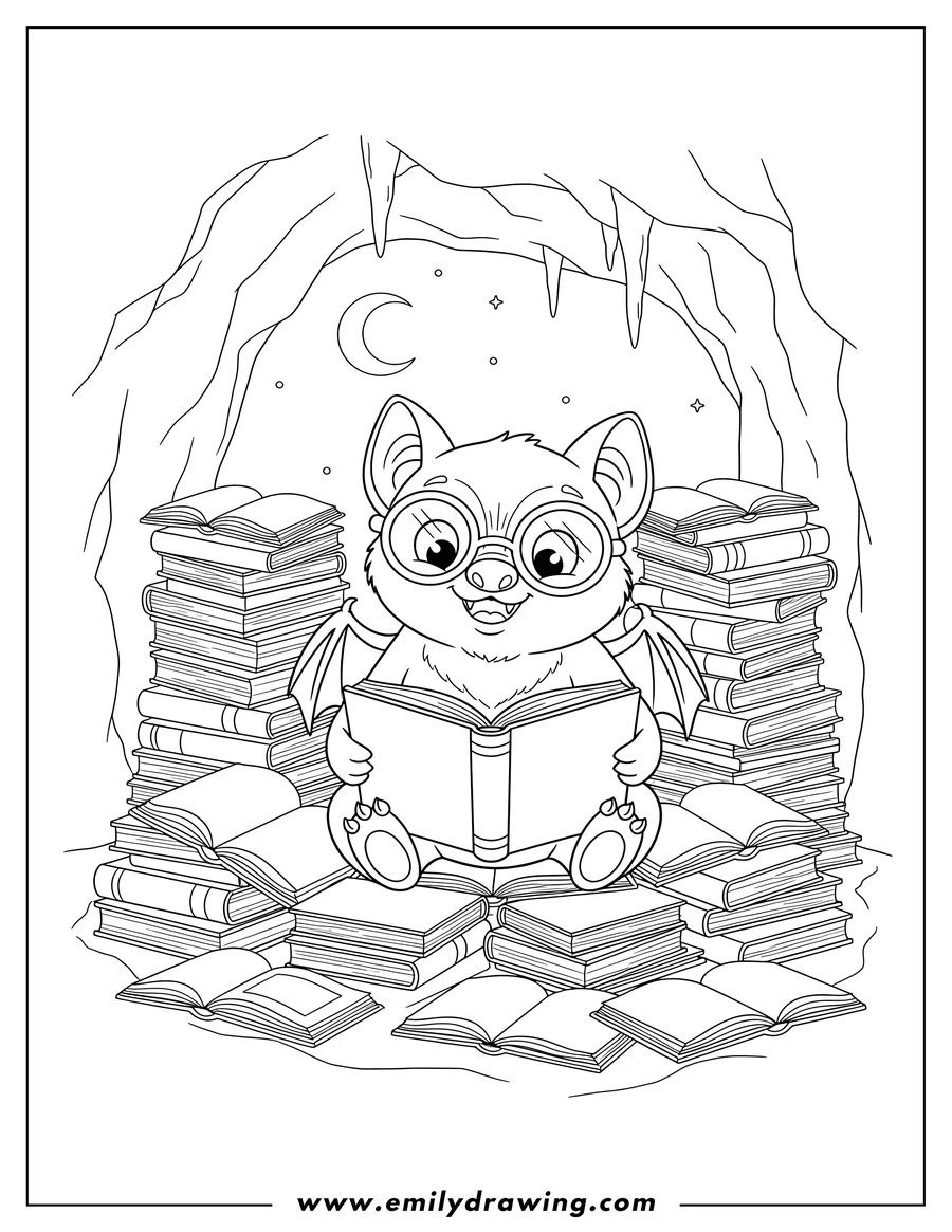 Vector style outline of nerdy Bat wearing glasses reading an open book, surrounded by stacks of books, in a cave at night