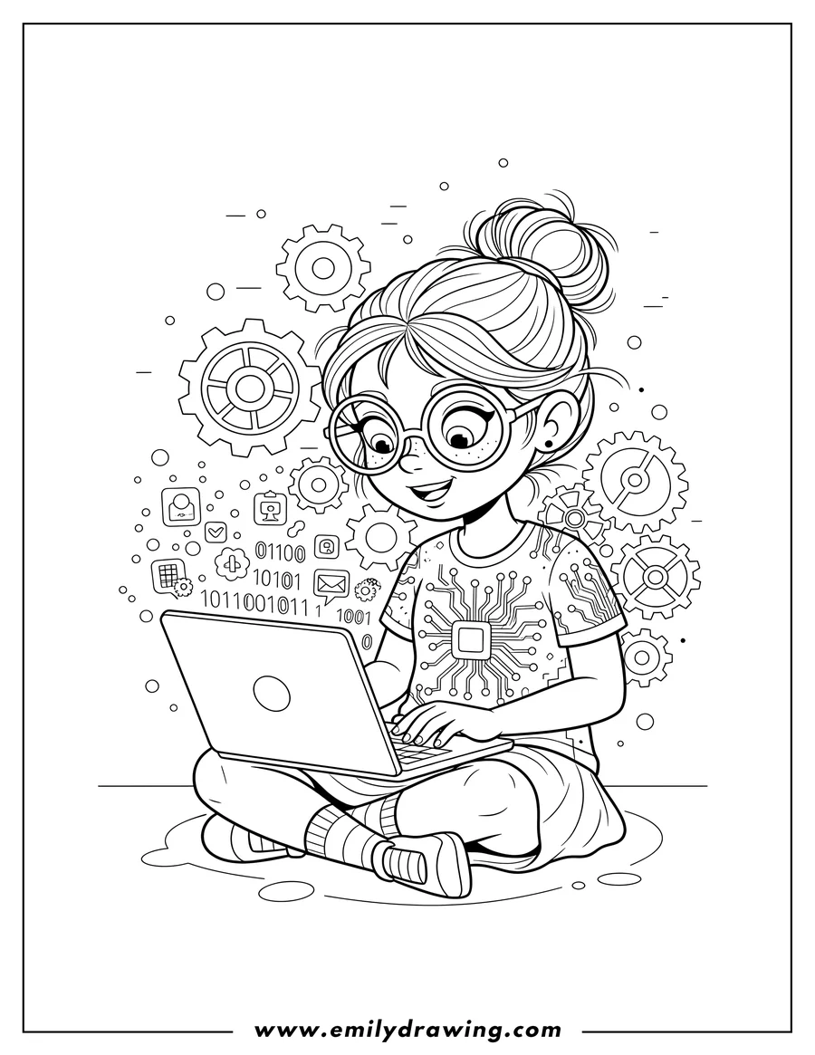 Coloring sheet featuring nerdy Girl with Glasses Coding on Her Laptop with Gears