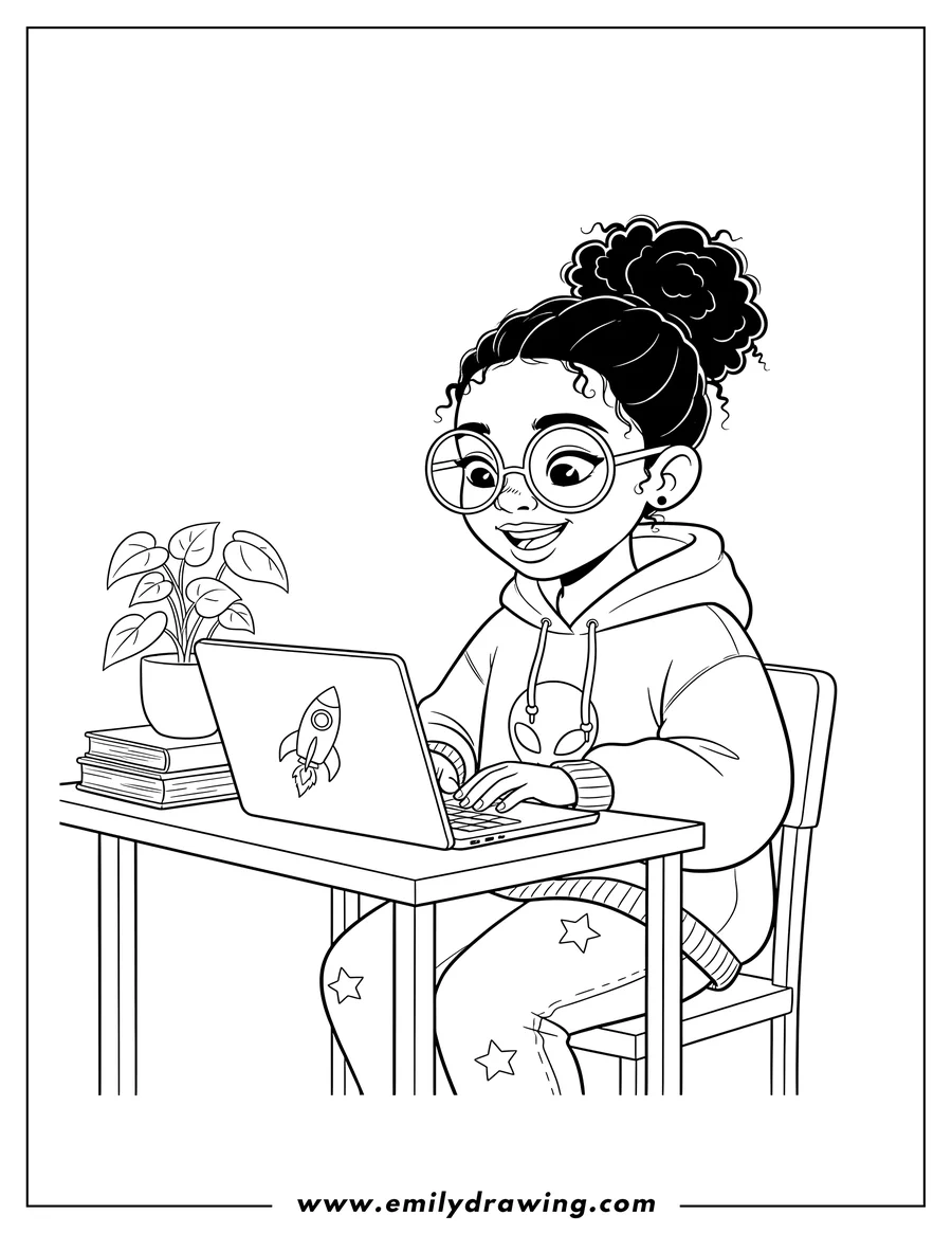 High quality printable nerdy Black Girl with glasses and a bun, smiling while working on her laptop for coloring