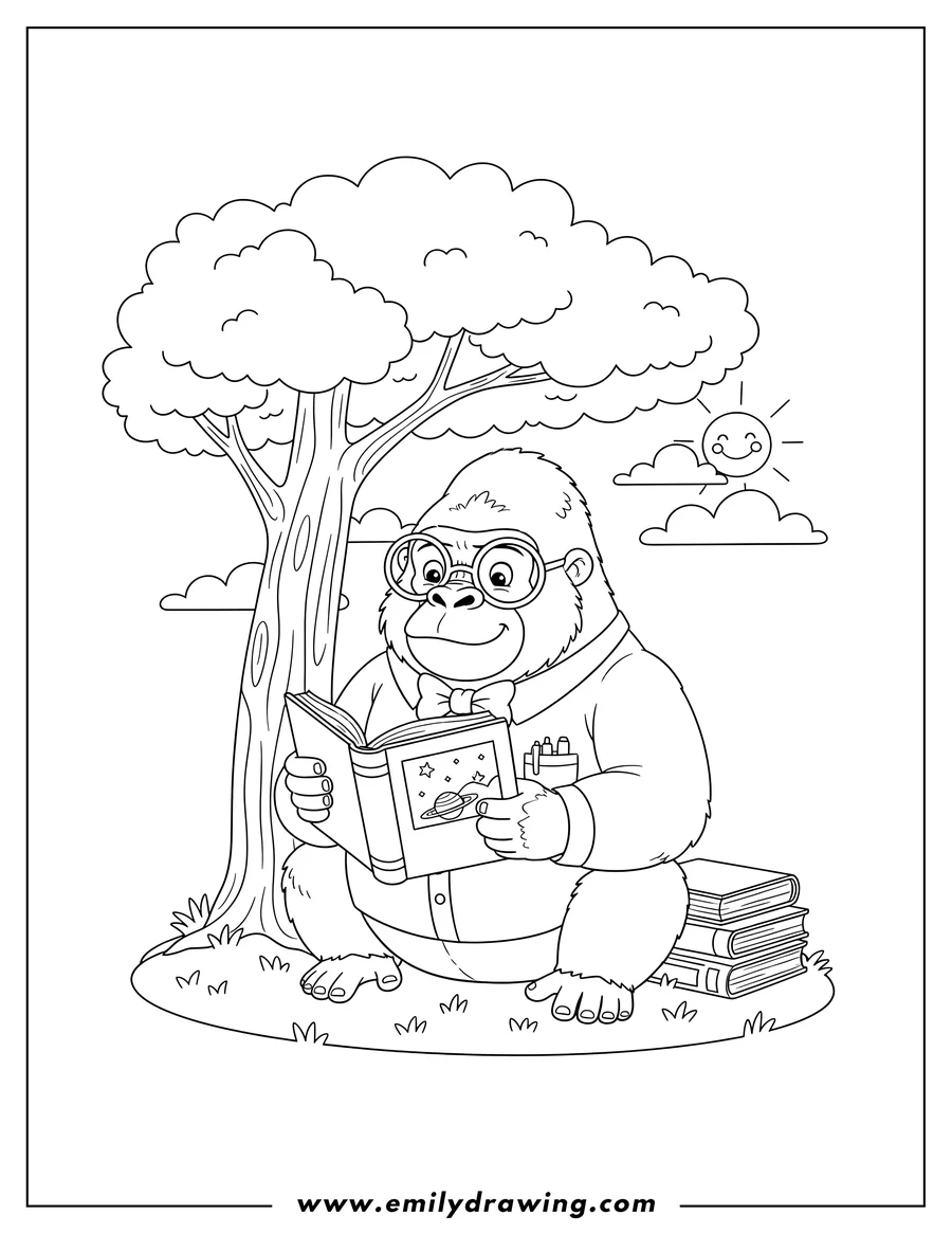 Downloadable coloring page of nerdy gorilla sitting and reading an open book under a tree