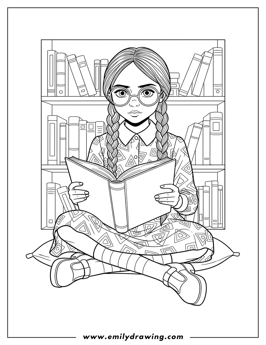 Coloring sheet featuring nerdy Wednesday Wearing Eyeglasses, sitting with braided pigtails