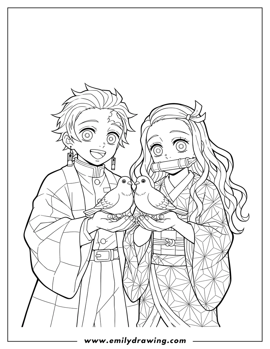 Clean line drawing: nezuko and Tanjiro cupping their hands, holding two doves