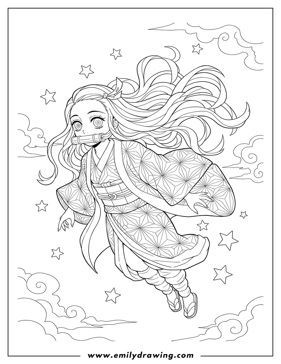 Black and white line art of nezuko flying dynamically, with long, flowing hair and a bamboo muzzle, with stars