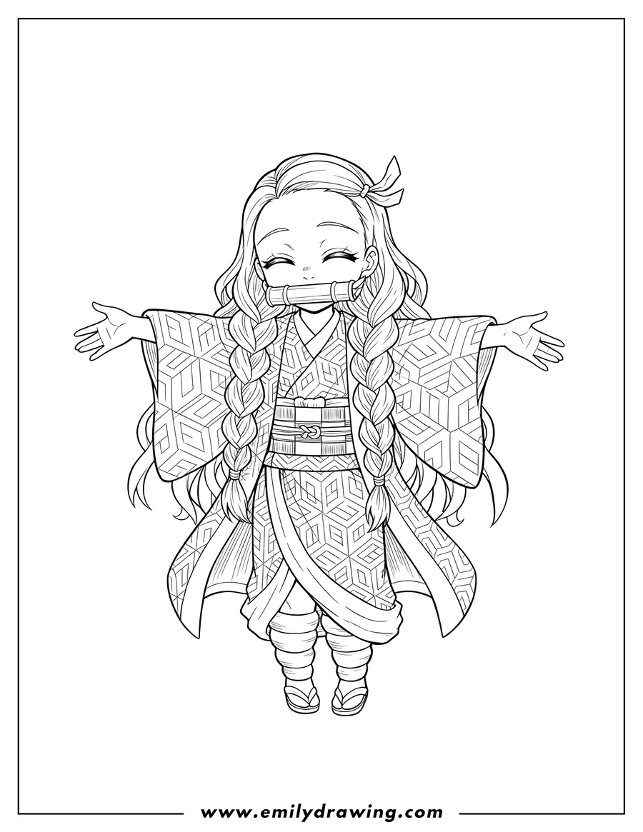 Vector style outline of kawaii Nezuko With Braided Hair, wearing a bamboo muzzle, with eyes closed and arms outstretched