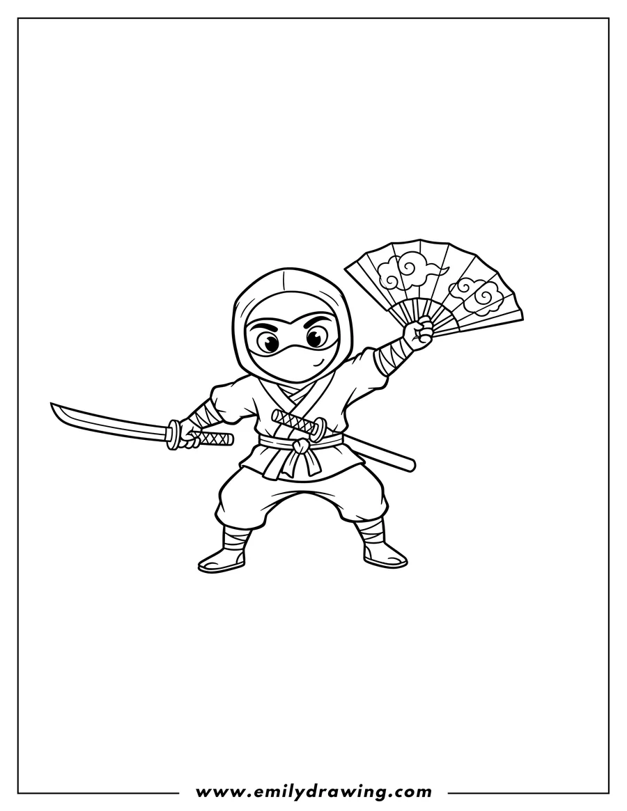 Outline drawing of ninja wearing a mask, holding an open fan and a sword