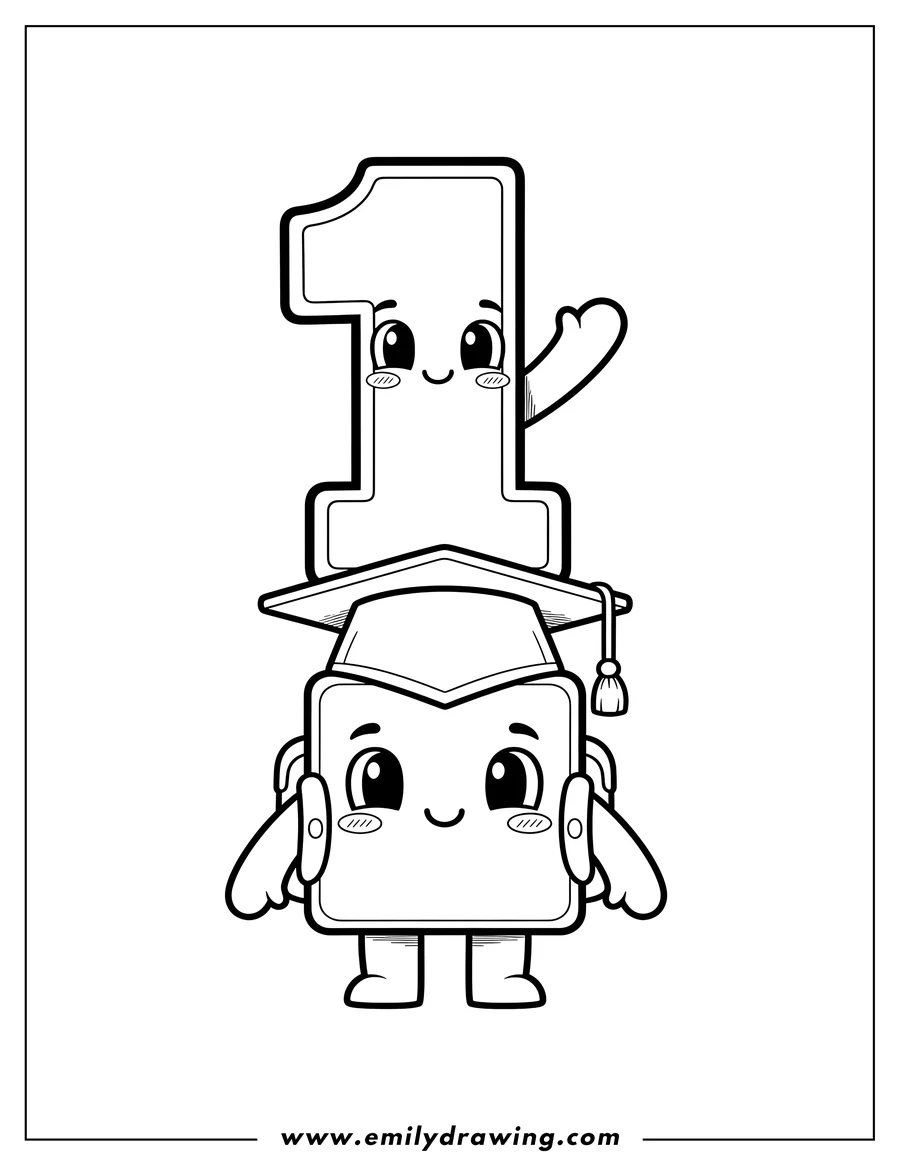 Coloring page of kawaii Numberblocks 1 Preschoolers, standing with a tall number 1 above its head