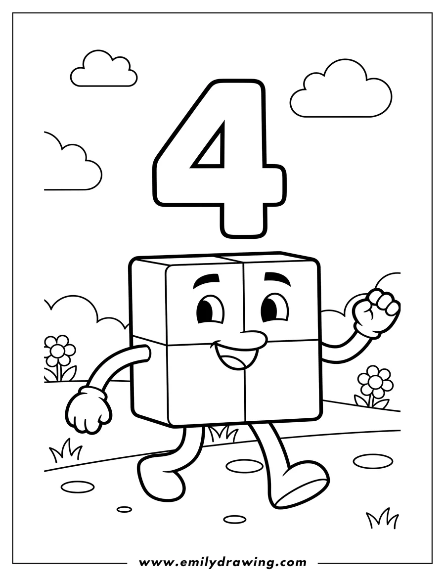 PDF style coloring page: numberblocks 4 Taking Walk, smiling with the number '4' above its head