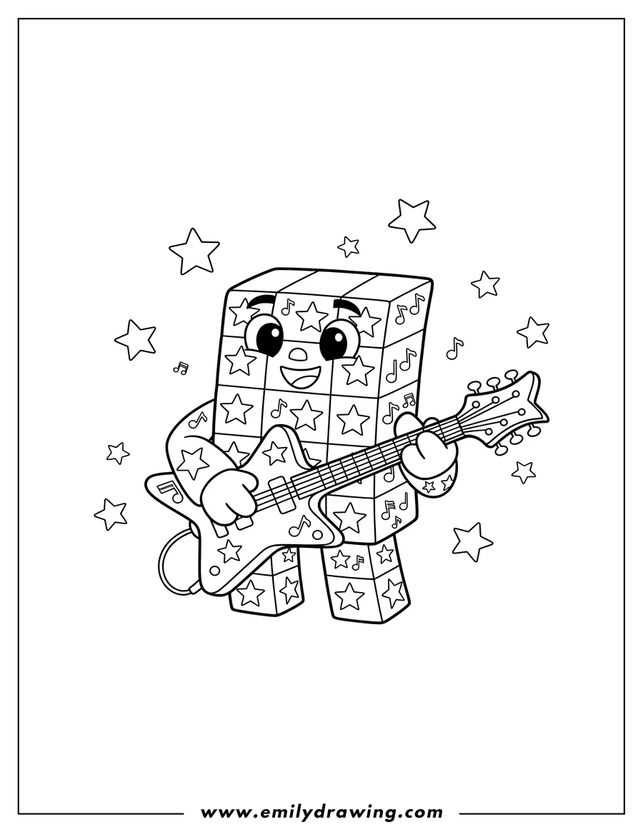 High quality printable numberblocks 50 with star hands playing a star-shaped electric guitar for coloring