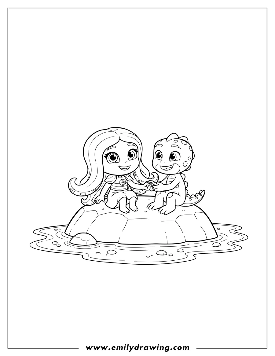 Full page coloring image of octobella Holding Hands With Gekko On Rock, smiling and sitting in the water