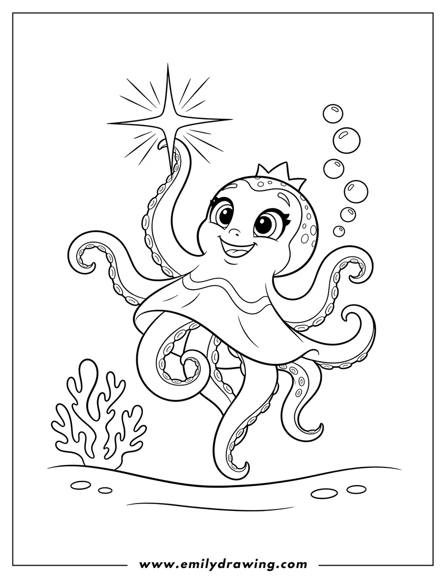Free to print drawing of octobella joyfully dancing underwater, raising one hand with a sparkle