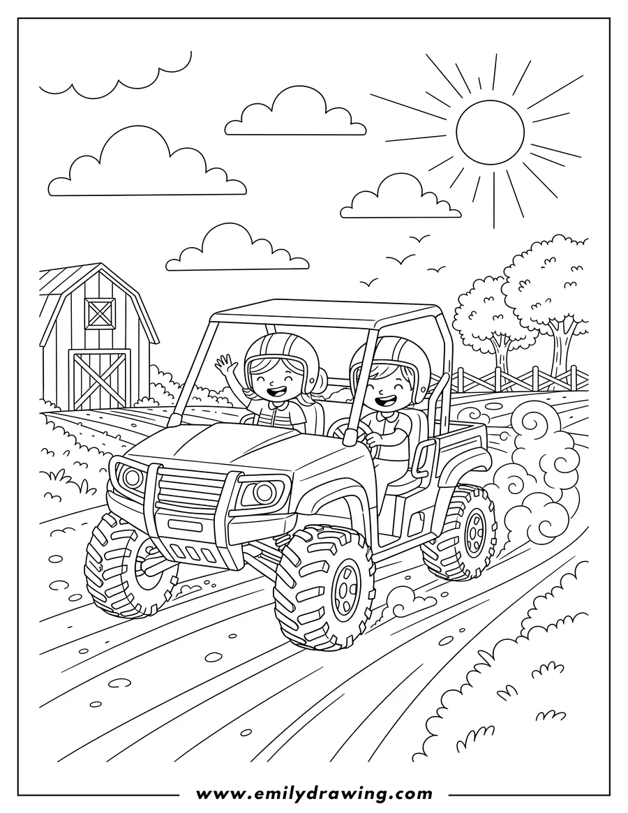 Downloadable coloring page of off Road Farm Utv Exploring a Dirt Path
