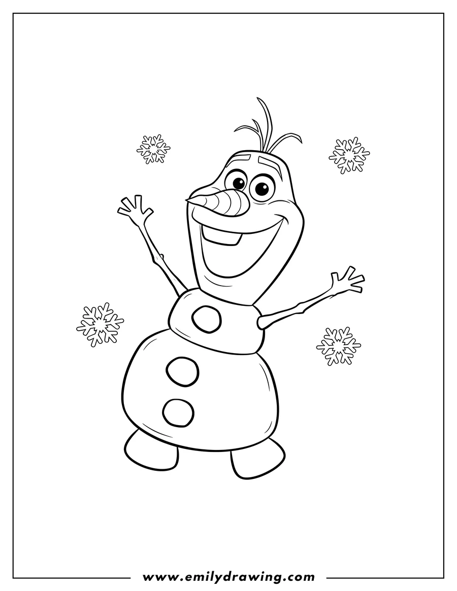 Doodle style coloring picture of olaf Snowman, smiling and waving