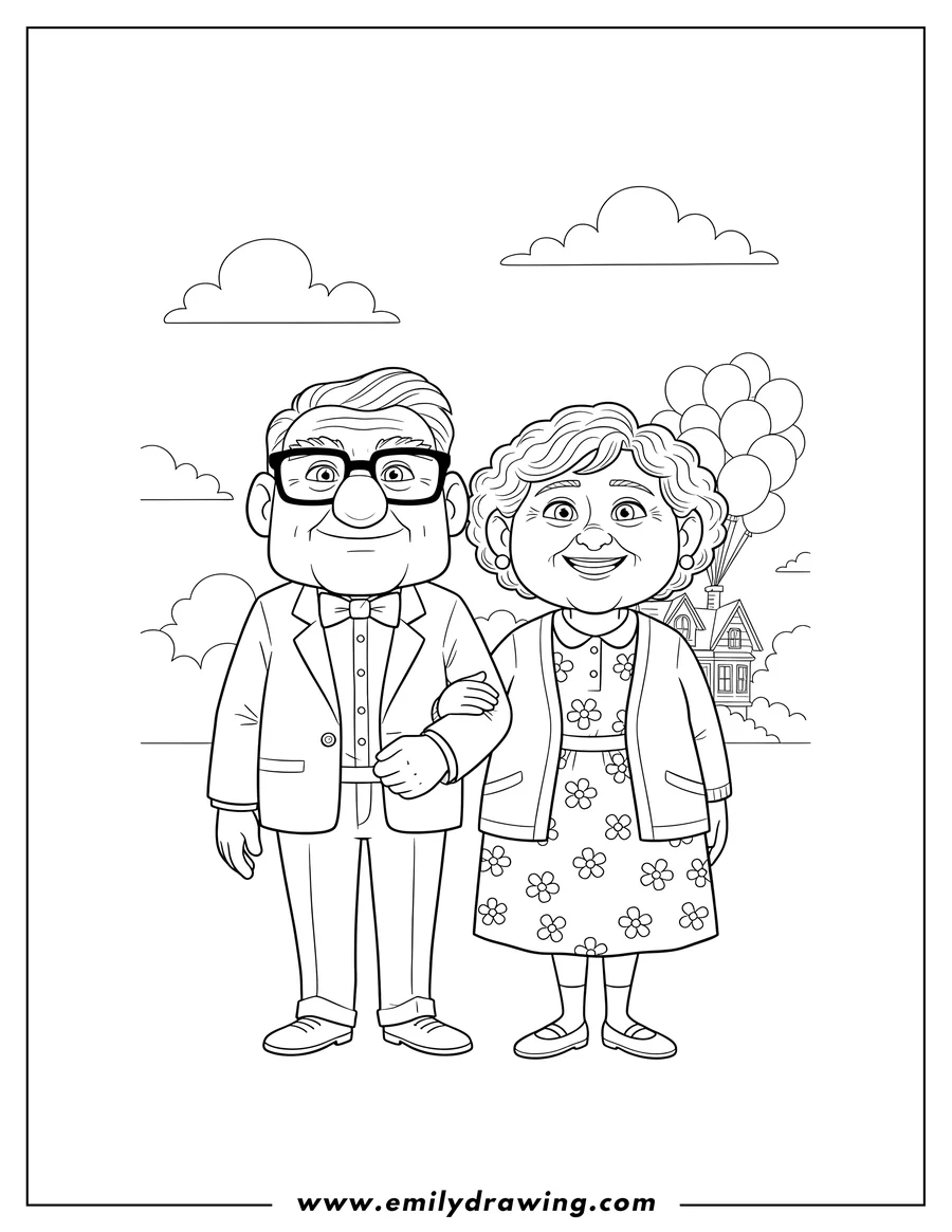 Free to print drawing of old Carl and Ellie standing side by side, smiling, with Ellie holding his arm