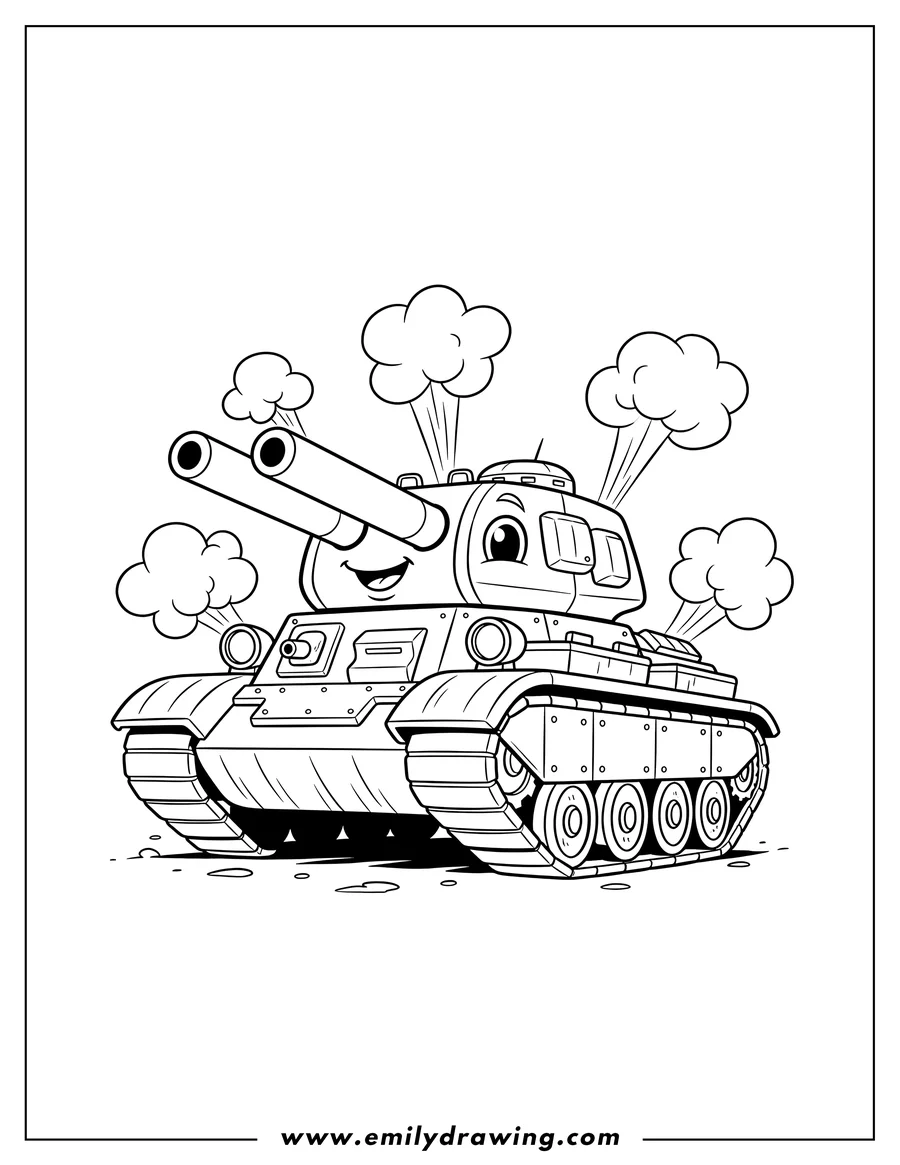 Printable coloring page of old Military Tank Young with twin cannons and smoke clouds